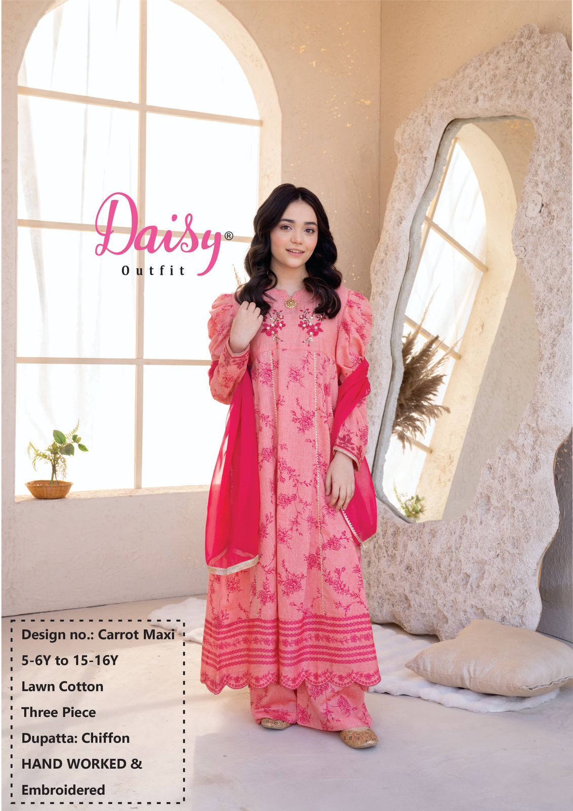 Daisy Outfit Girls Eid Special Pink Lawn Embroidered Three-Piece Suit Dress