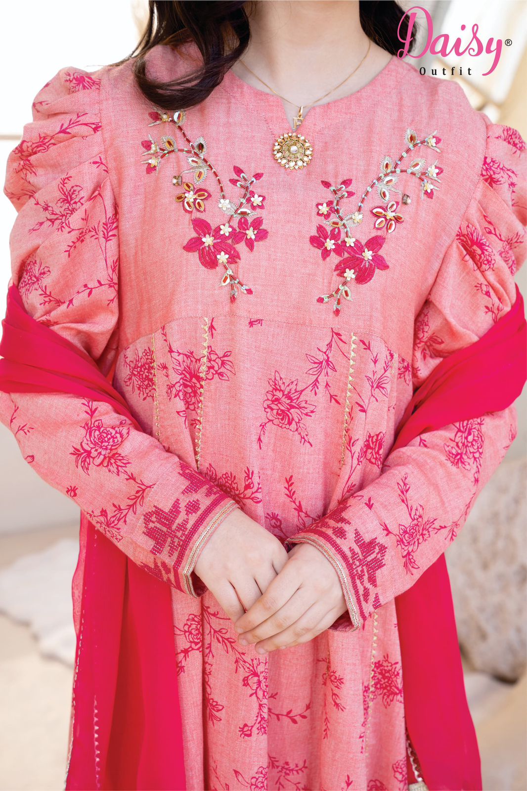 Daisy Outfit Girls Eid Special Pink Lawn Embroidered Three-Piece Suit Dress