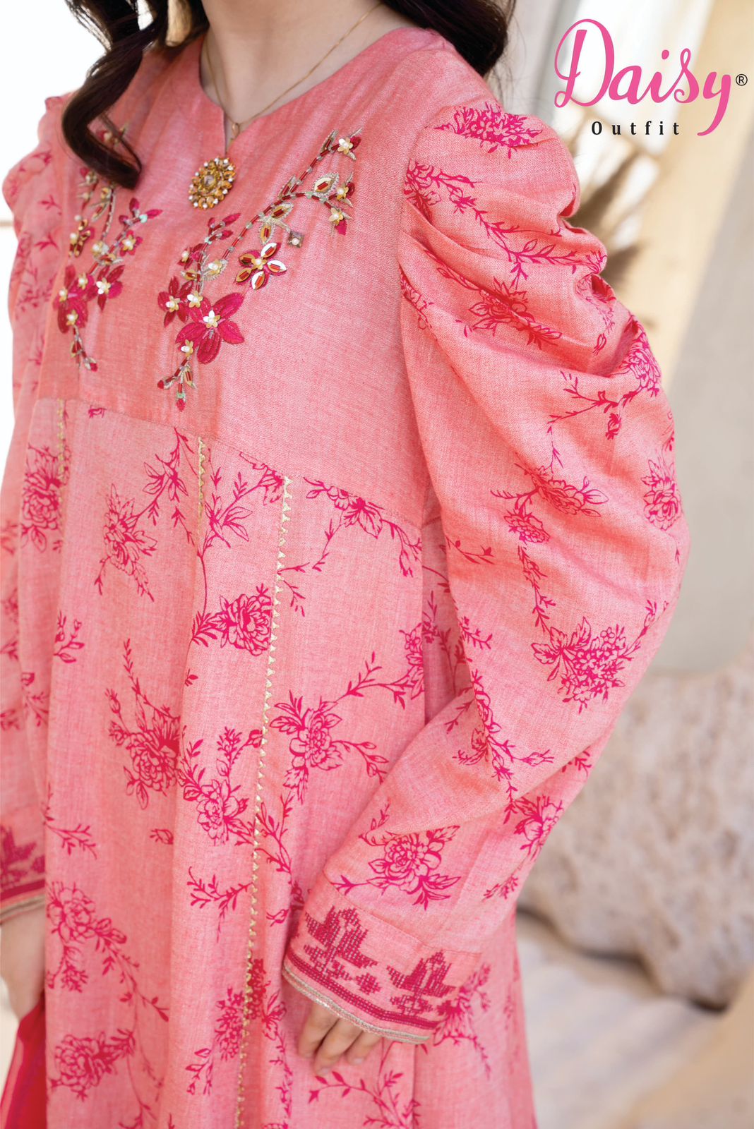 Daisy Outfit Girls Eid Special Pink Lawn Embroidered Three-Piece Suit Dress