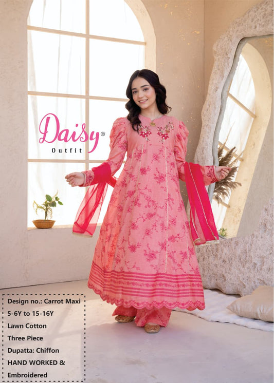 Daisy Outfit Girls Eid Special Pink Lawn Embroidered Three-Piece Suit Dress