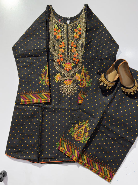 Peru Girls Eid Special Traditional  Black Two-Piece Lawn embroidered dress