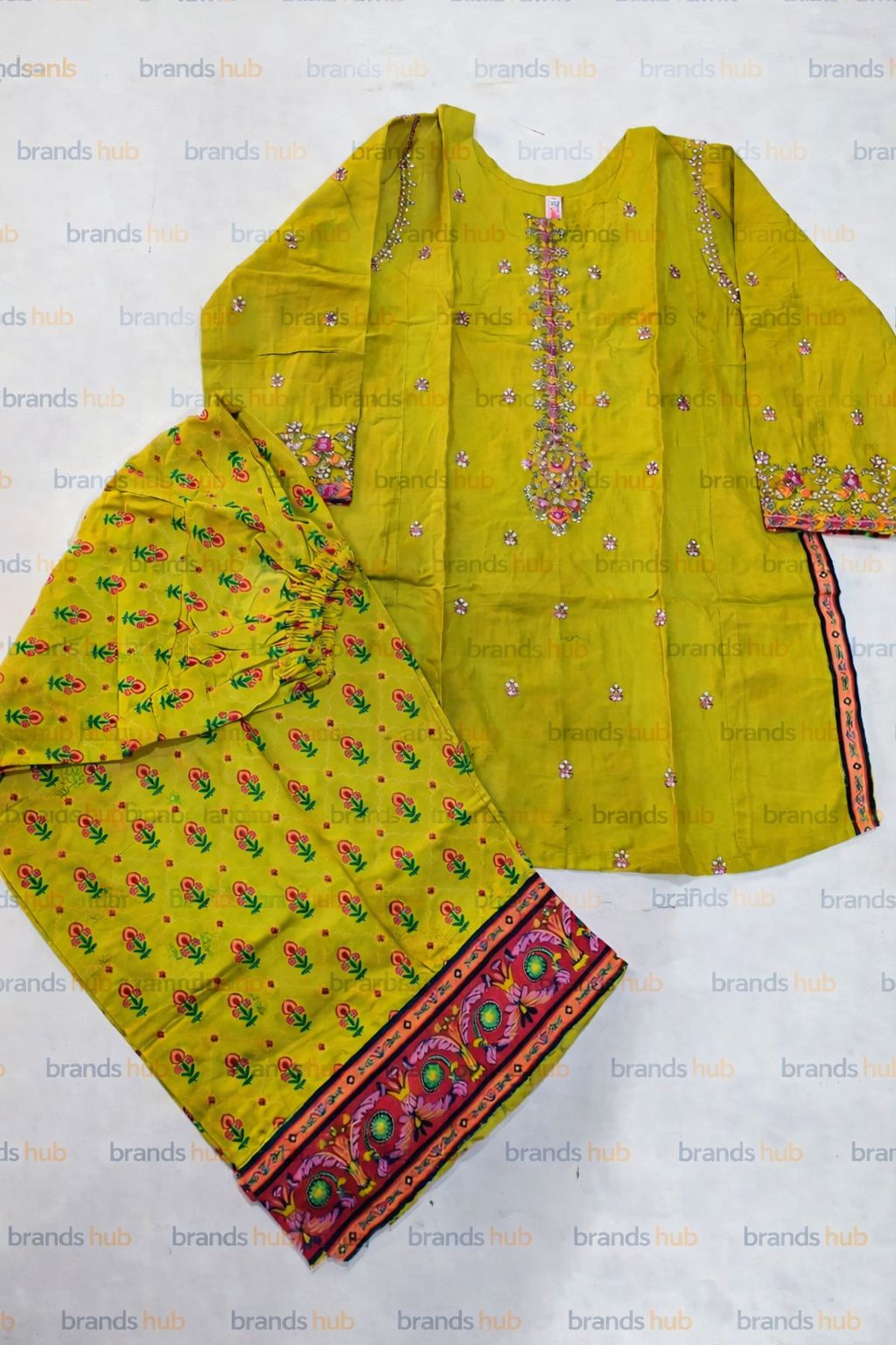Peru Girls Eid Special Traditional  Lime Green Embroidered Dress Printed Trouser