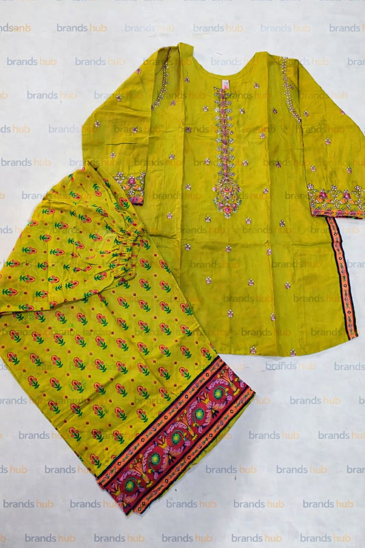 Peru Girls Eid Special Traditional  Lime Green Embroidered Dress Printed Trouser