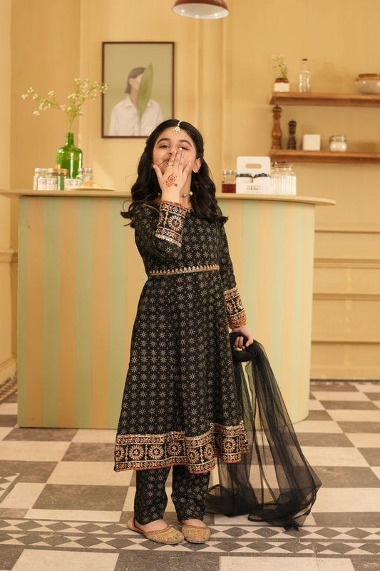 Alqaswa Girls Black & Gold Dress with Dupatta- 3 Piece – Eid Collection