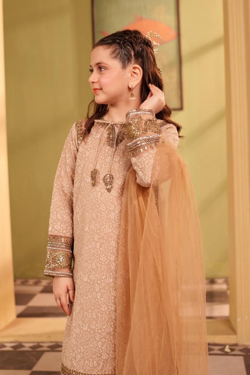 Alqaswa Girls Skin Dress with Dupatta- 3 Piece – Eid Collection
