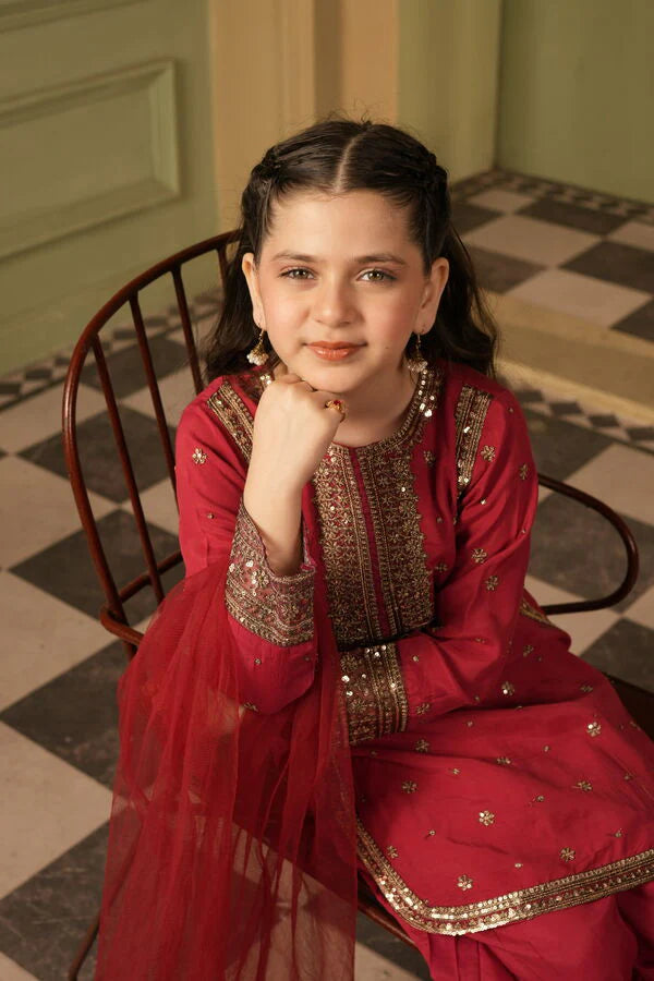 Alqaswa Girls Red Dress with Dupatta- 3 Piece – Eid Collection