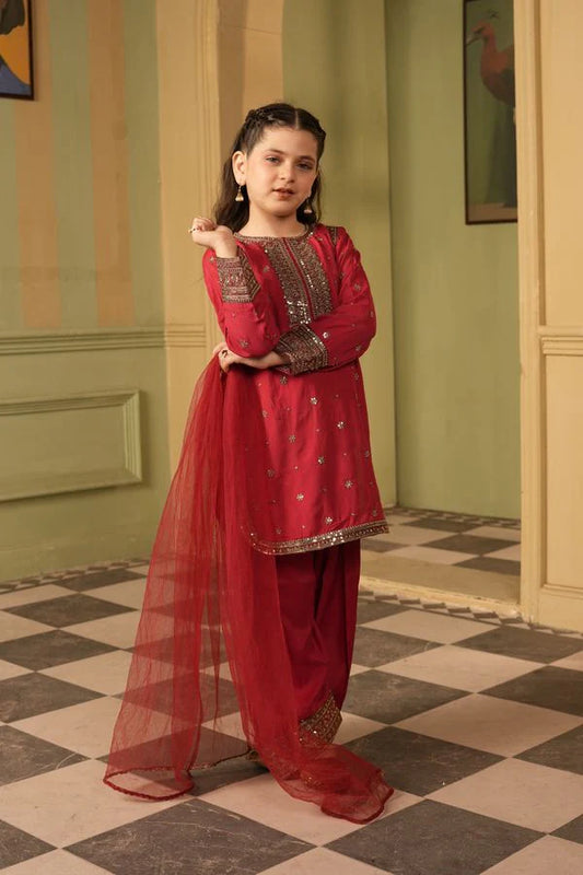 Alqaswa Girls Red Dress with Dupatta- 3 Piece – Eid Collection