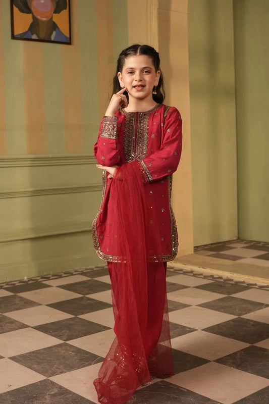 Alqaswa Girls Red Dress with Dupatta- 3 Piece – Eid Collection
