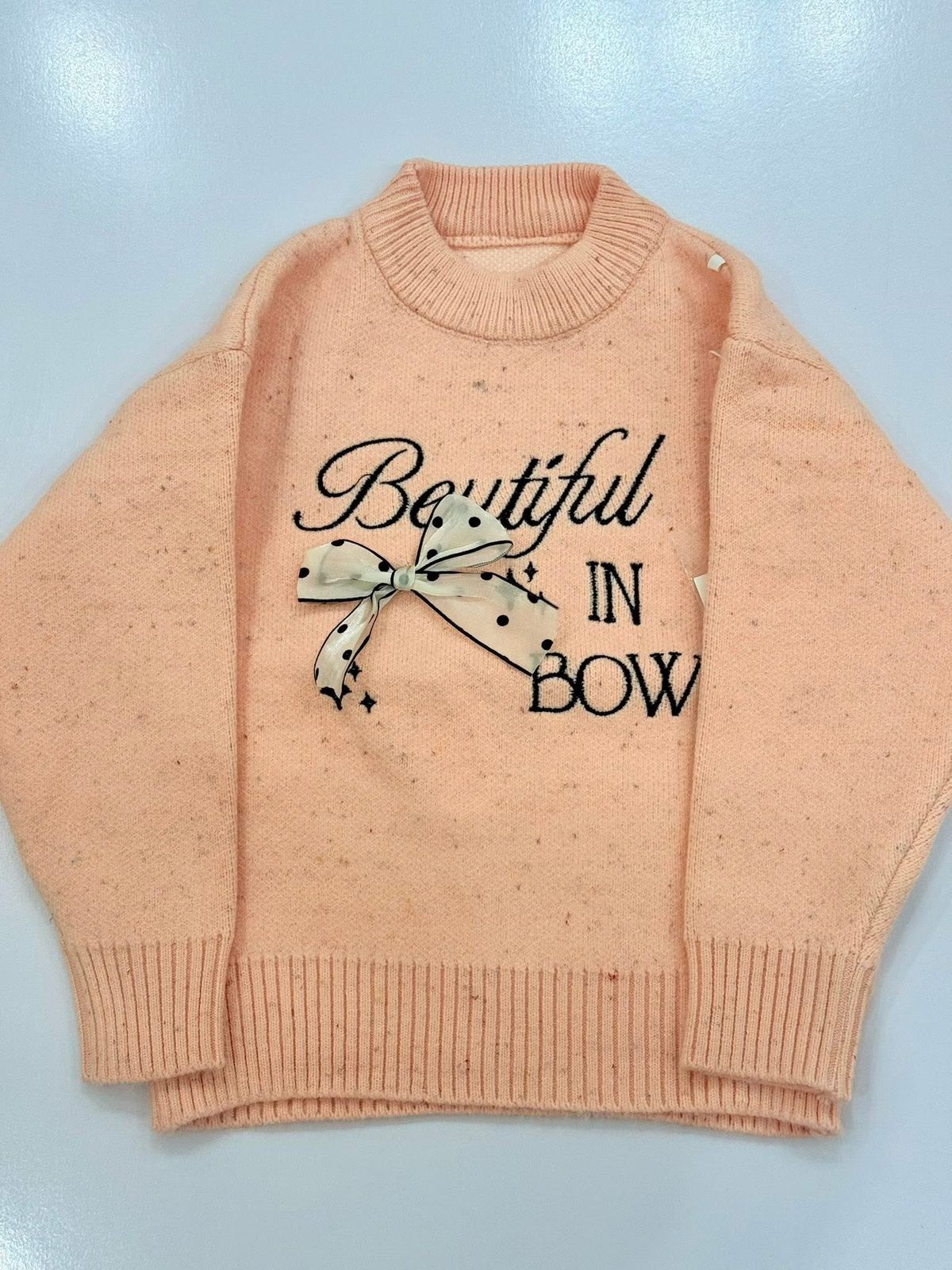 Peach Knit Sweater with Bow Design for Girls