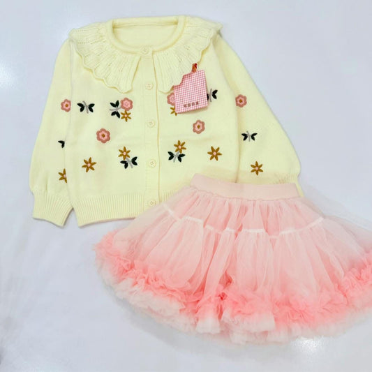 Floral Knit Cardigan & Pink Tulle Skirt Set for Girls